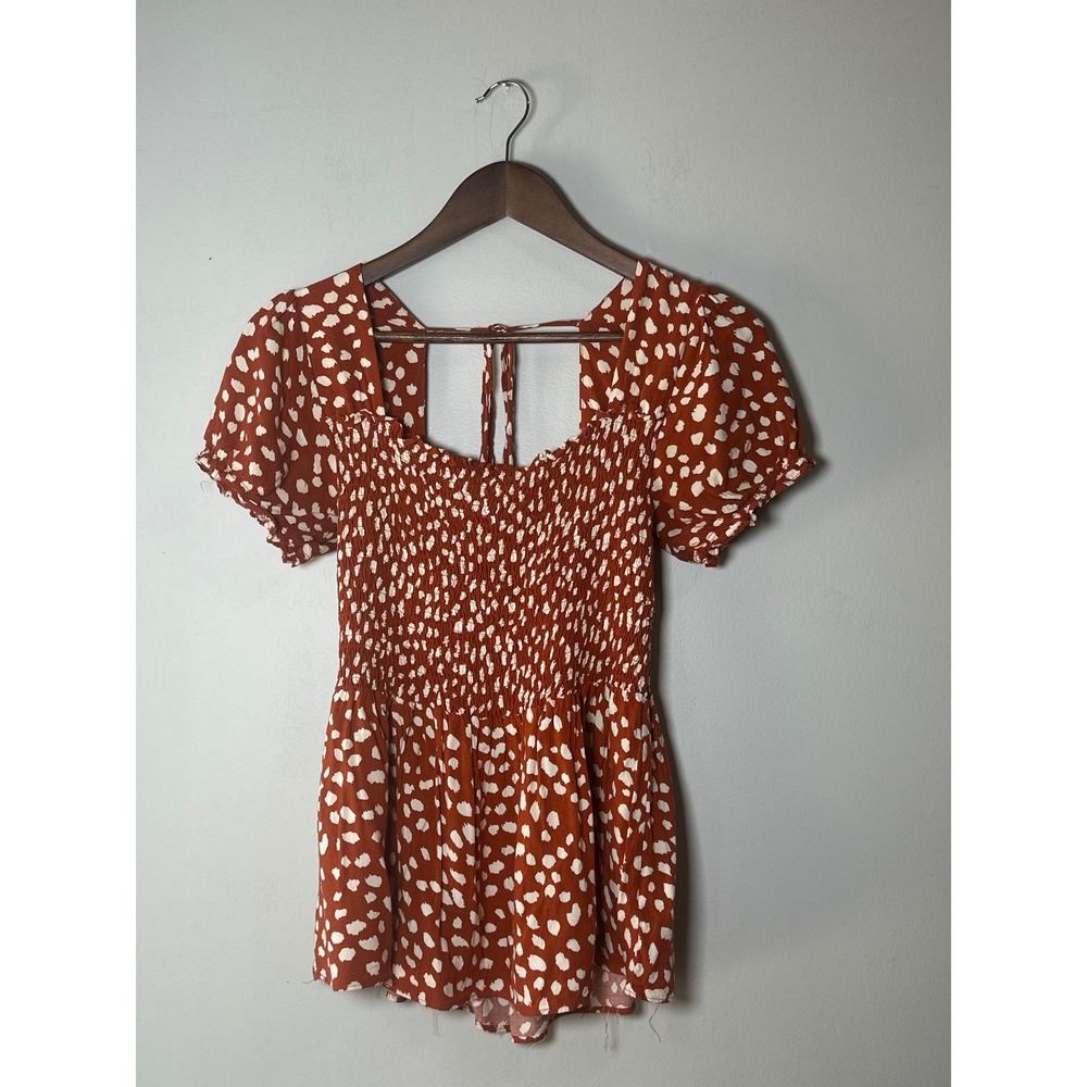 Davi & Dani Rust Orange White Dot Smocked Babydoll Top Open Back S Boho Y2K
